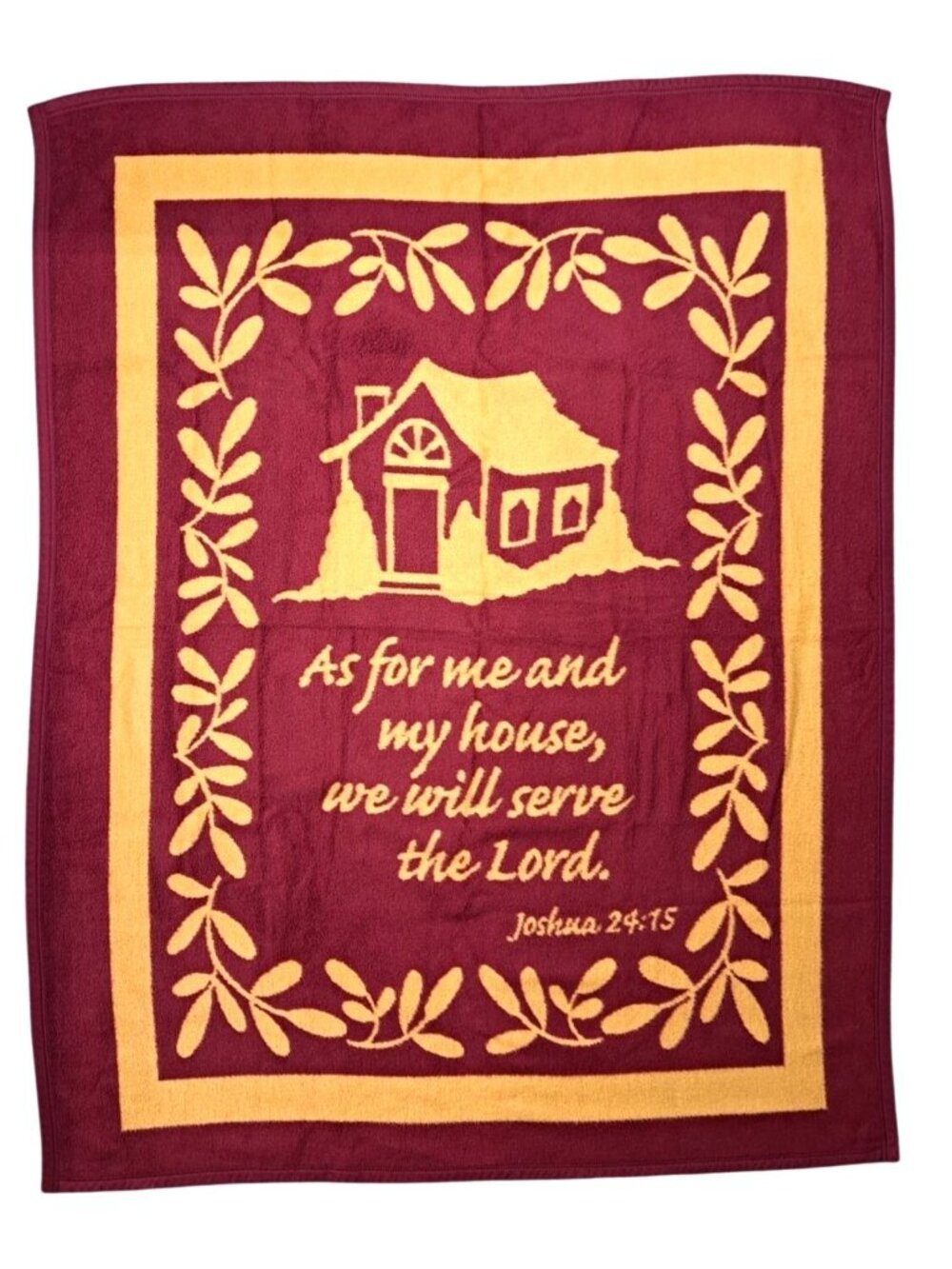 Vintage Biederlack Religious Throw Blanket Joshua 24:15 Bible Lord Burgundy Gold